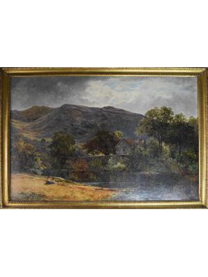 Landscape Oil on Canvas – Cottage and Stream