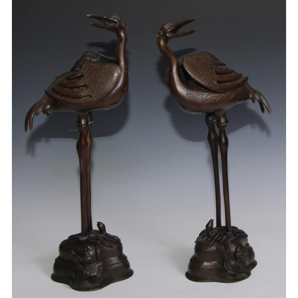 Antique Japanese Meiji Period Bronze Cranes, Pair