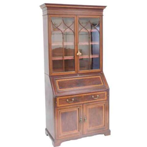 Late Victorian Mahogany & Inlaid Bureau Bookcase